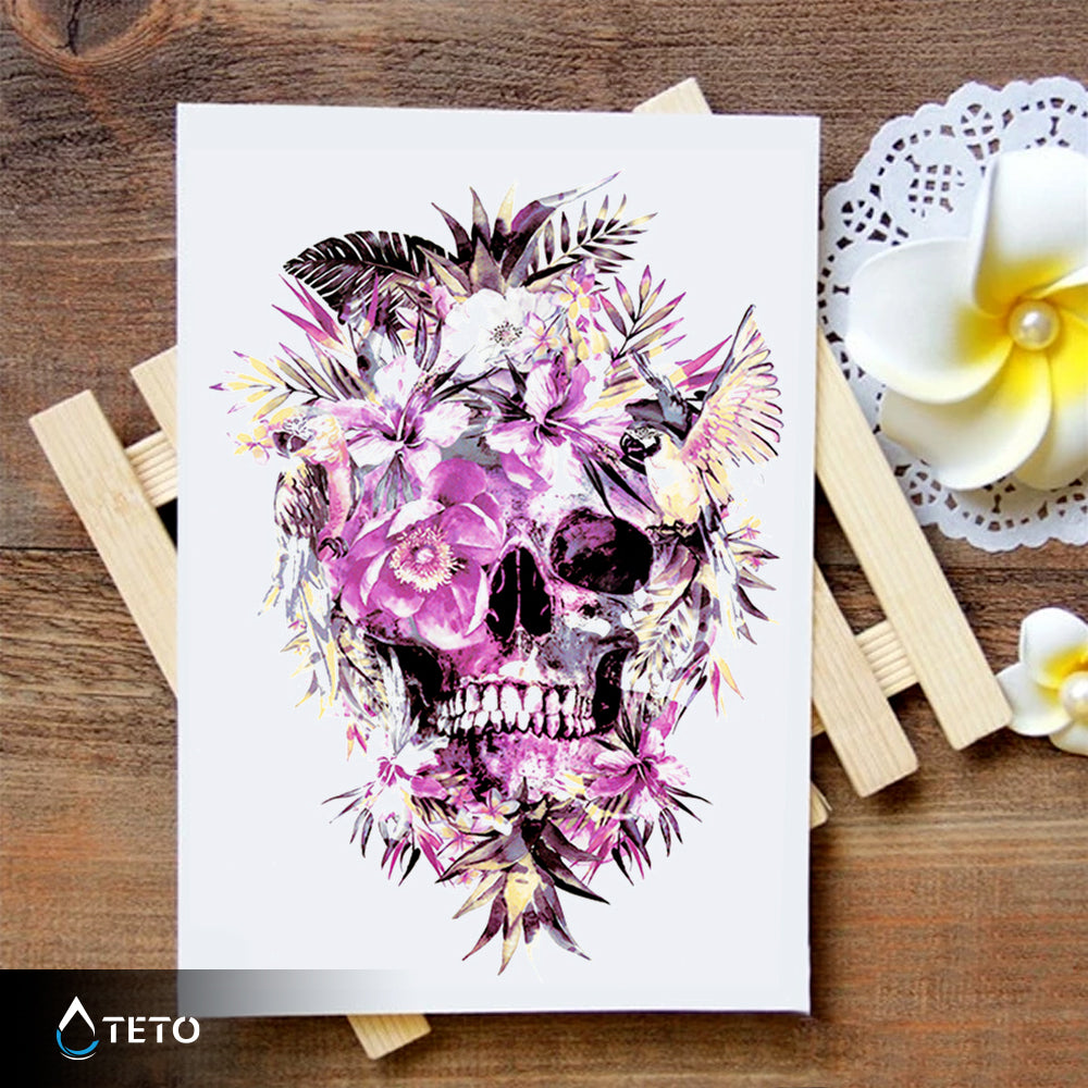 Totenschädel mit rosa Blumen - TETO Temporäre Tattoos