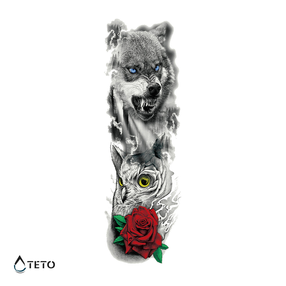 Wolf, Eule und Rose - TETO Temporäre Tattoos