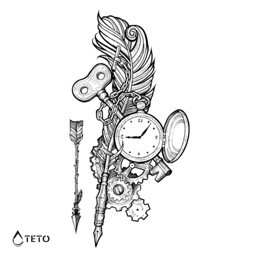 Uhr, Feder und Schlüssel - TETO Temporäre Tattoos