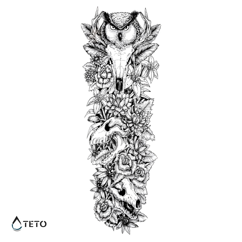 Eule mit Totenschädeln und Blumen - TETO Temporäre Tattoos