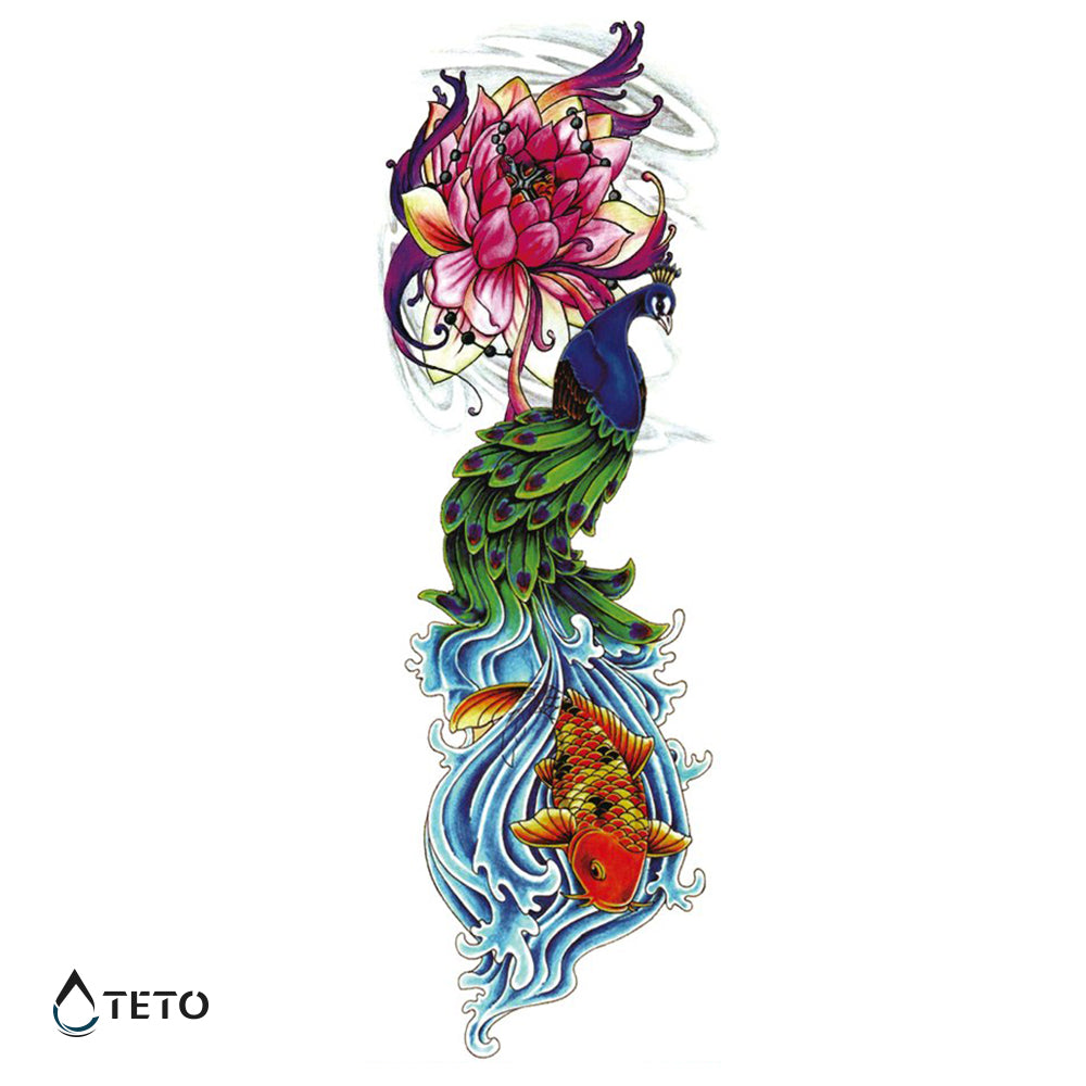 Pfau mit Fischen und Blumen - TETO Temporäre Tattoos