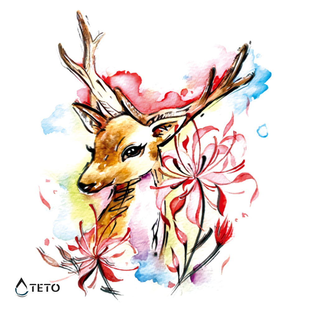 Hirsch mit Blumen - TETO Temporäre Tattoos
