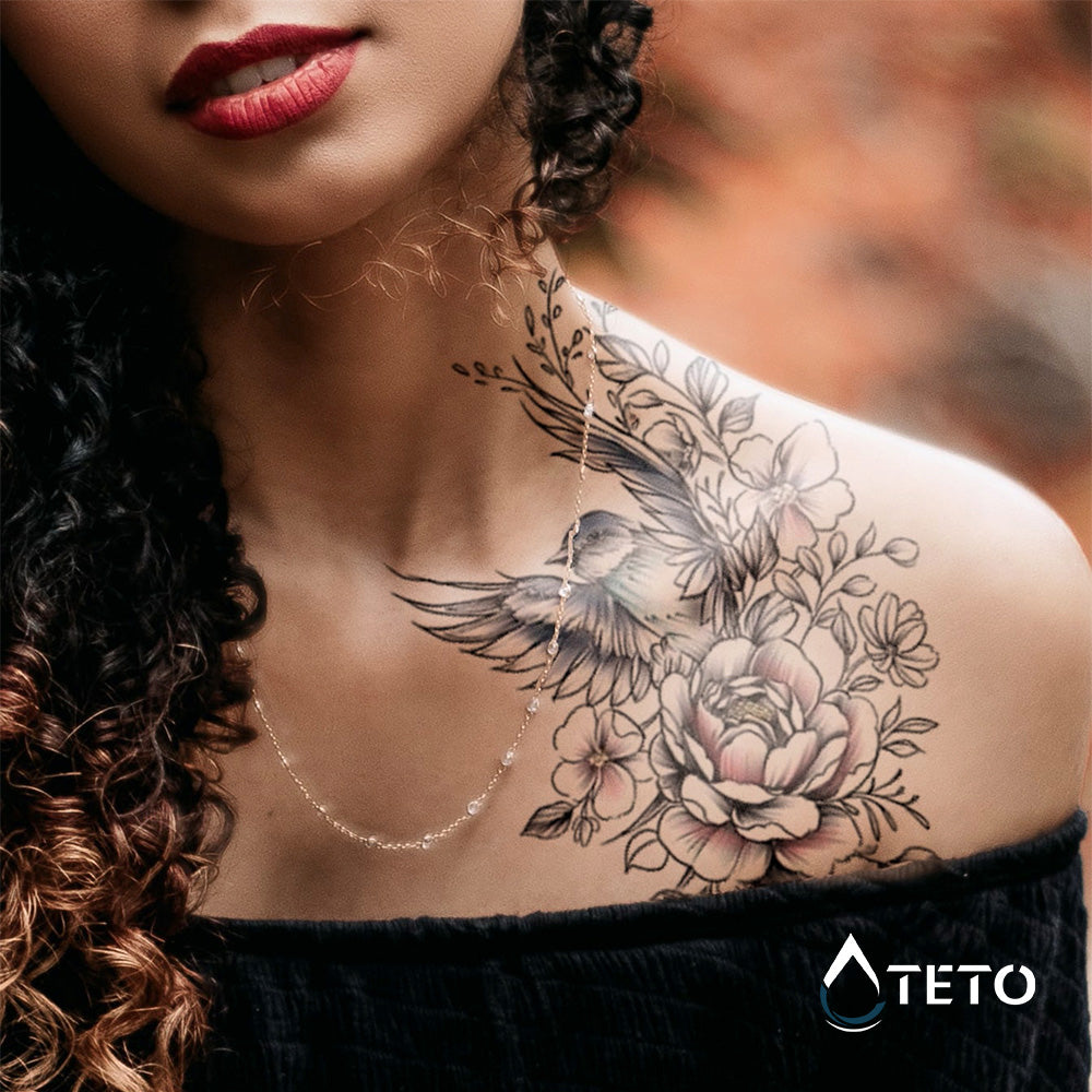 Romantische Rose mit Vogel - TETO Temporäre Tattoos