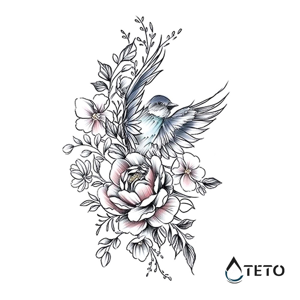 Romantische Rose mit Vogel - TETO Temporäre Tattoos