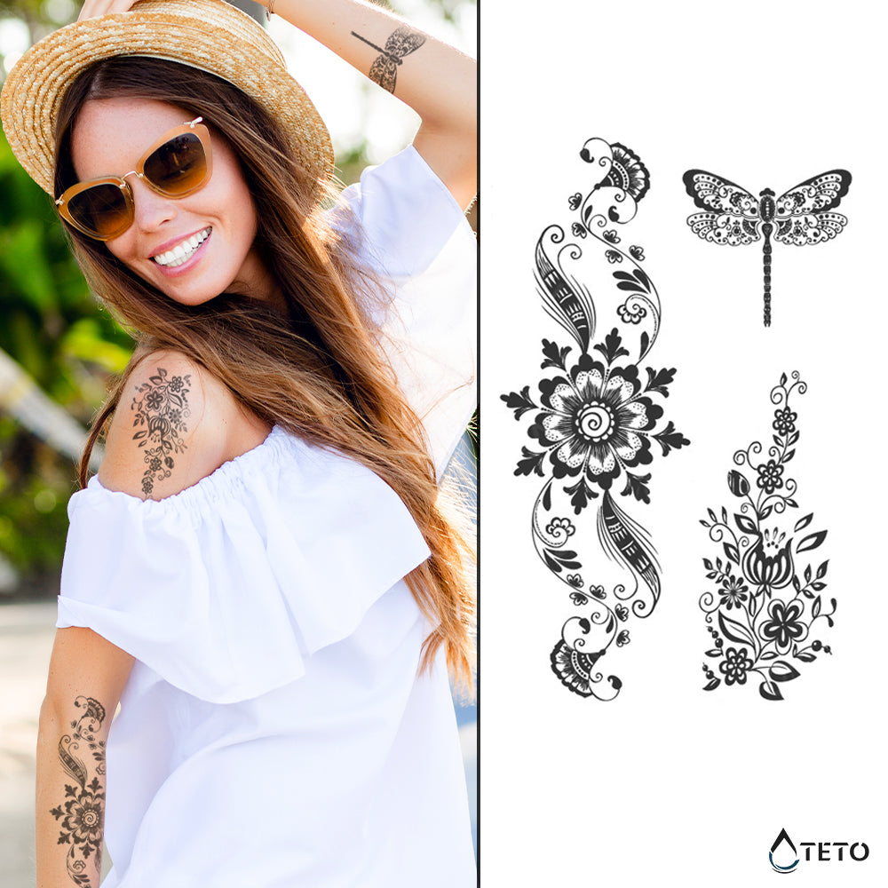 Blumen- und Libellenornamente – Semipermanente - TETO Temporäre Tattoos