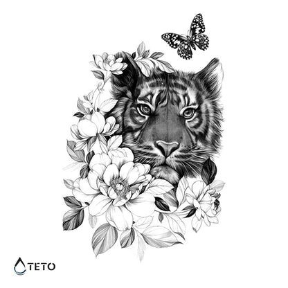Tiger mit grauen Blumen - TETO Temporäre Tattoos