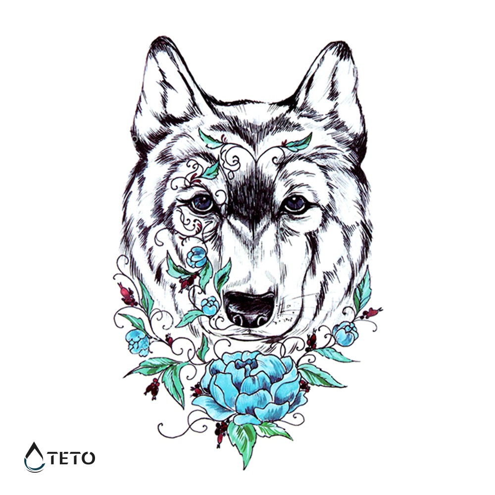Wolf mit blauer Blume - TETO Temporäre Tattoos