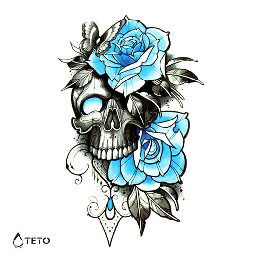 Totenschädel mit blauen Blumen - TETO Temporäre Tattoos