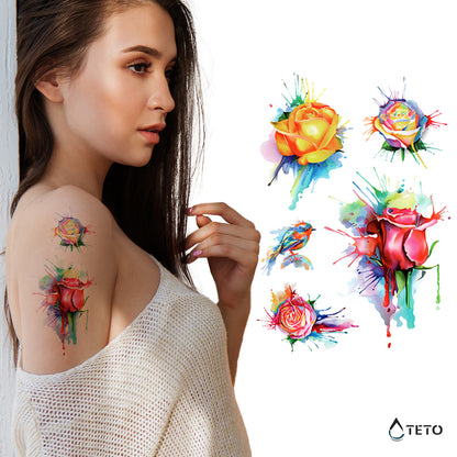 Multicolor-Rosen - Set - TETO Temporäre Tattoos