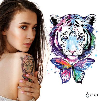Multicolor Tiger mit einem Schmetterling – Typ A - TETO Temporäre Tattoos
