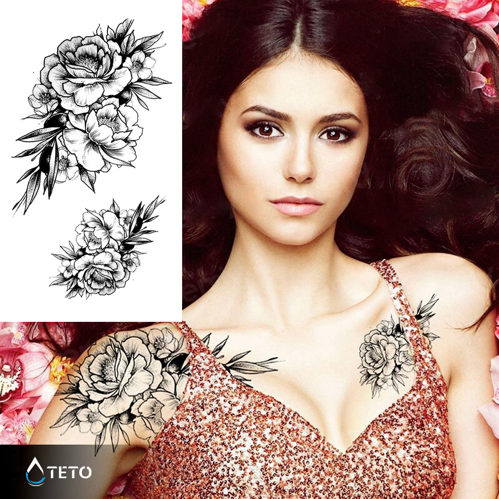 Rosen mit grauen Blättern - Set - TETO Temporäre Tattoos