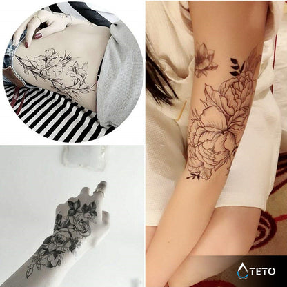 Rosen mit grauen Blättern - Set - TETO Temporäre Tattoos