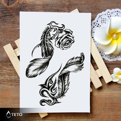 Rose mit Feder - Set - TETO Temporäre Tattoos
