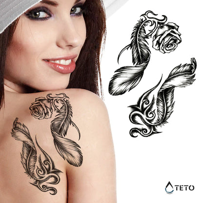Rose mit Feder - Set - TETO Temporäre Tattoos