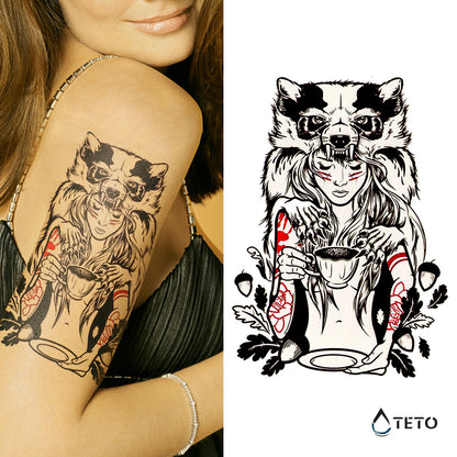 Porträt einer Frau mit Wolf - TETO Temporäre Tattoos