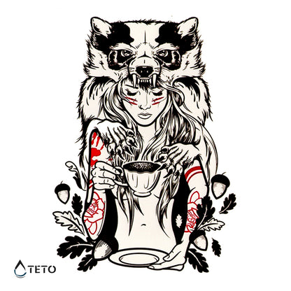 Porträt einer Frau mit Wolf - TETO Temporäre Tattoos