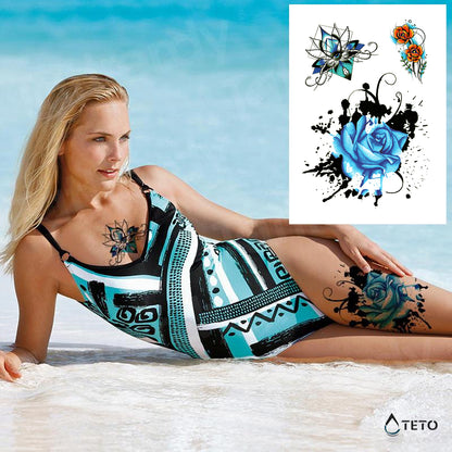 Blaue Blumen - Set - TETO Temporäre Tattoos