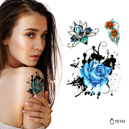 Blaue Blumen - Set - TETO Temporäre Tattoos