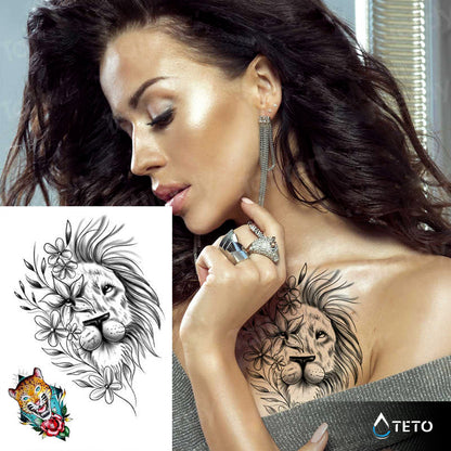 Löwe und Tiger mit Blume - Set - TETO Temporäre Tattoos