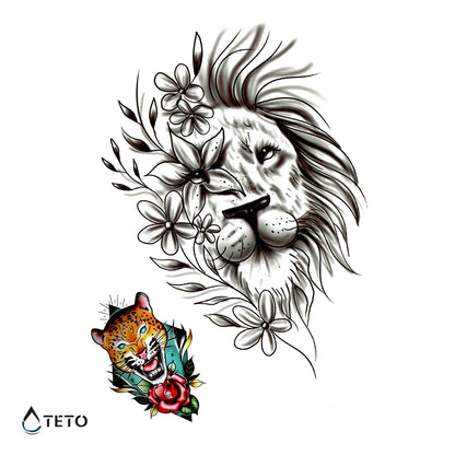 Löwe und Tiger mit Blume - Set - TETO Temporäre Tattoos