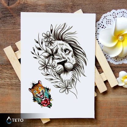 Löwe und Tiger mit Blume - Set - TETO Temporäre Tattoos