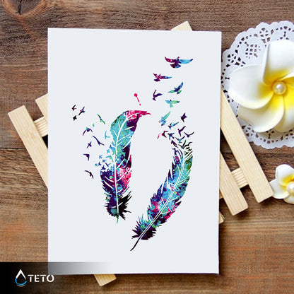 Bunte Feder mit Vögeln - Set - TETO Temporäre Tattoos