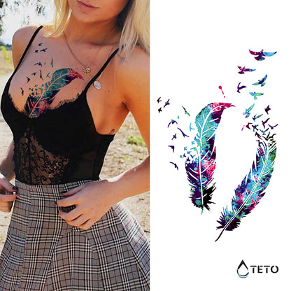 Bunte Feder mit Vögeln - Set - TETO Temporäre Tattoos