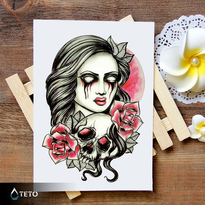 Porträt einer Frau mit Totenschädel - TETO Temporäre Tattoos