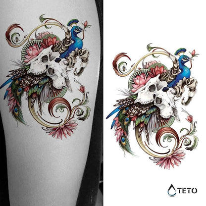 Pfau mit Totenschädeln - TETO Temporäre Tattoos