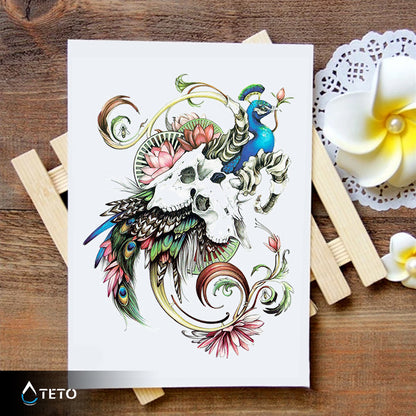 Pfau mit Totenschädeln - TETO Temporäre Tattoos