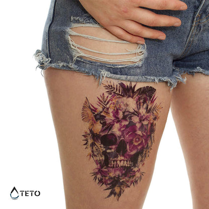 Totenschädel mit rosa Blumen - TETO Temporäre Tattoos