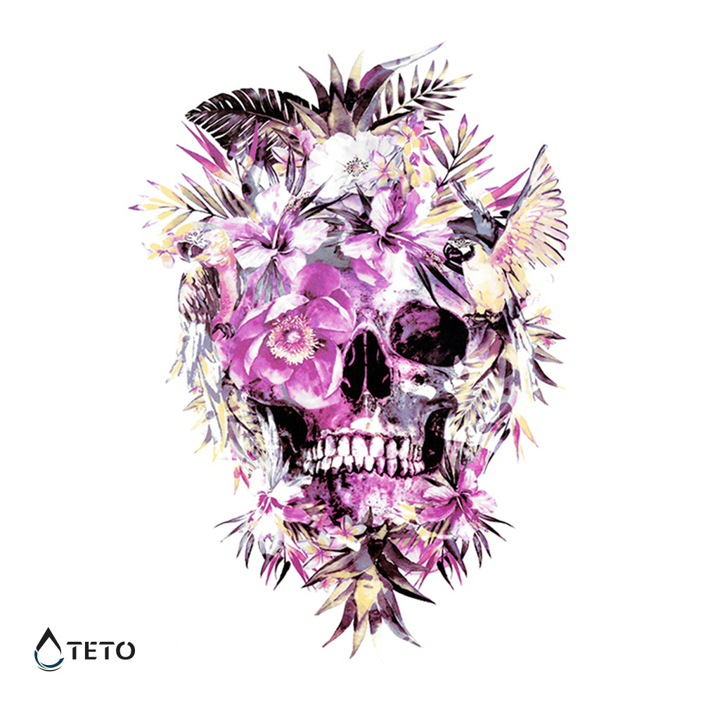 Totenschädel mit rosa Blumen - TETO Temporäre Tattoos