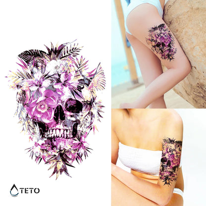 Totenschädel mit rosa Blumen - TETO Temporäre Tattoos
