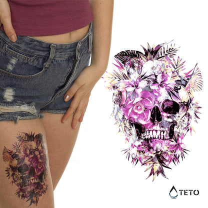 Totenschädel mit rosa Blumen - TETO Temporäre Tattoos