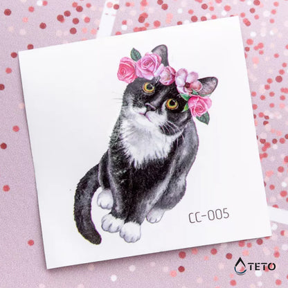 Katze mit Blumen - TETO Temporäre Tattoos