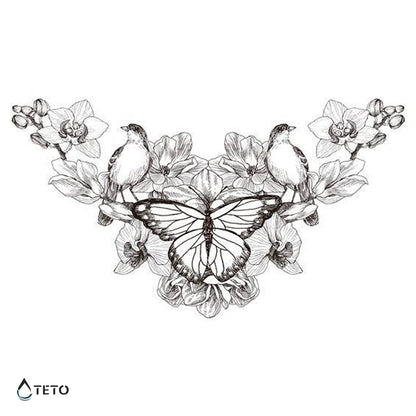 Schmetterling mit Vögeln und Blumen - TETO Temporäre Tattoos