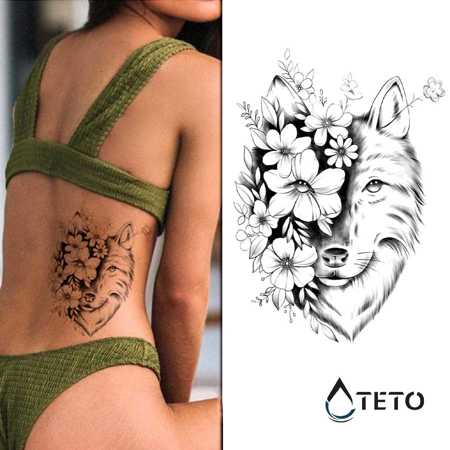 Wolf mit Blumen - TETO Temporäre Tattoos