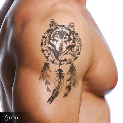 Wolf mit Traumfänger – Semipermanente - TETO Temporäre Tattoos