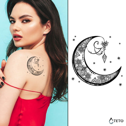 Mond mit Blumen und Diamant – Semipermanente - TETO Temporäre Tattoos